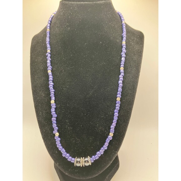 Purple Triangle Seed Beads, Silver-Tone Spacers & Round Metallic Beaded Necklace - Picture 3 of 13